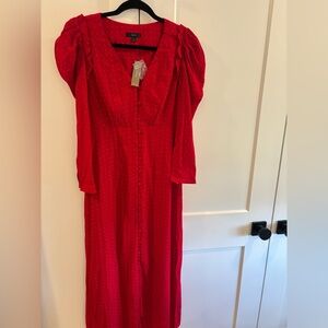 J. Crew Red Drapey Puff Sleeve Dress with Button Front